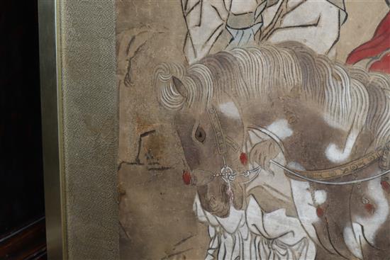 Anonymous (17th/18th century): A Chinese ink and pigment on paper panel depicting an equestrian musician